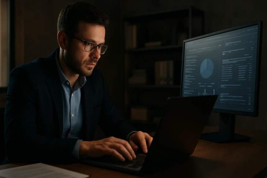 Férfi adatfeldolgozással foglalkozik sötét környezetben.
