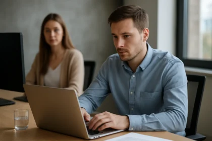 Férfi laptopon dolgozik, míg női kolléga háttérben figyel.