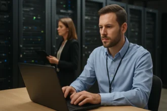 IT szakemberek dolgoznak magas rendelkezésre állású rendszeren.