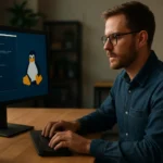 Programozó dolgozik a GNU/Linux operációs rendszeren.