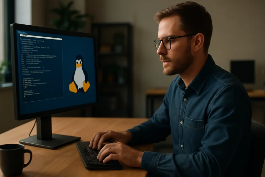 Programozó dolgozik a GNU/Linux operációs rendszeren.