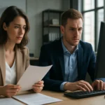 Két szakember az ISO szabványokkal foglalkozik egy modern irodában.