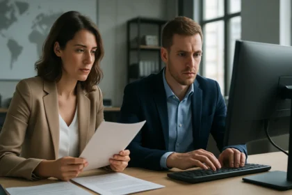 Két szakember az ISO szabványokkal foglalkozik egy modern irodában.