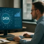 Férfi adatfeldolgozást végző számítógép előtt, adatvizualizációval.