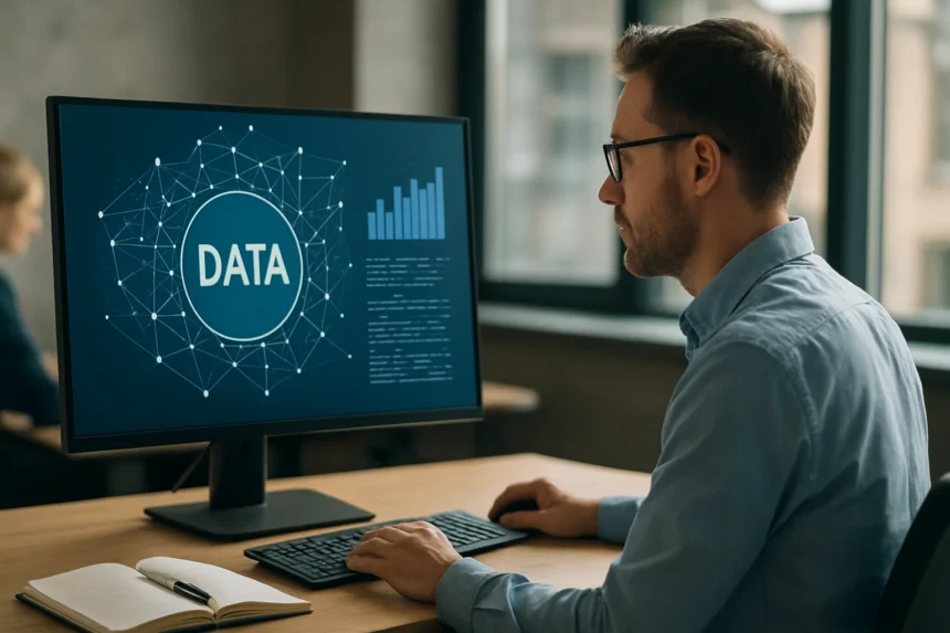 Férfi adatfeldolgozást végző számítógép előtt, adatvizualizációval.