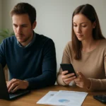 Két ember digitális eszközöket használva dolgozik asztalon.