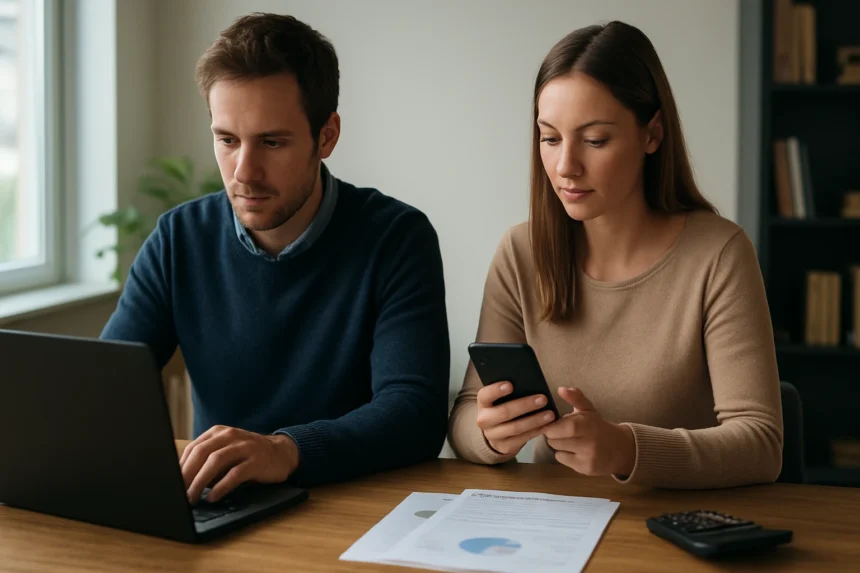 Két ember digitális eszközöket használva dolgozik asztalon.