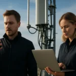 Férfi okostelefont használ, nő laptopot kezel telekommunikációs torony mellett.