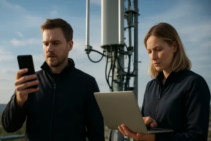 Férfi okostelefont használ, nő laptopot kezel telekommunikációs torony mellett.