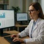 Klinikai adatelemző munkája számítógépen adatokat elemezve.