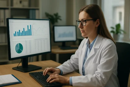 Klinikai adatelemző munkája számítógépen adatokat elemezve.