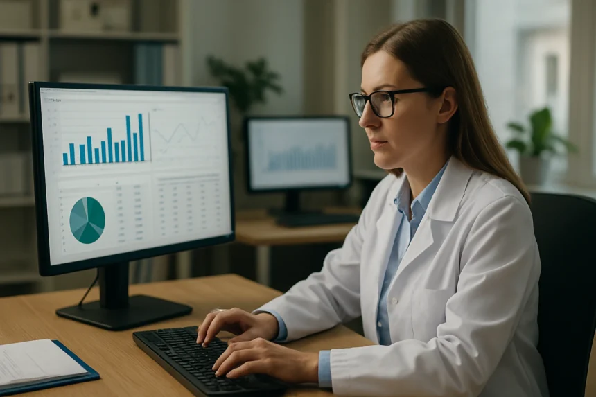 Klinikai adatelemző munkája számítógépen adatokat elemezve.