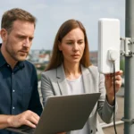 Két szakember vezeték nélküli gerinchálózat telepítése közben.