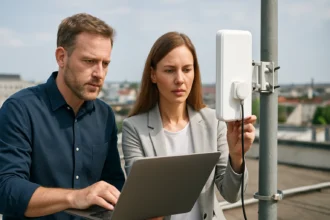 Két szakember vezeték nélküli gerinchálózat telepítése közben.