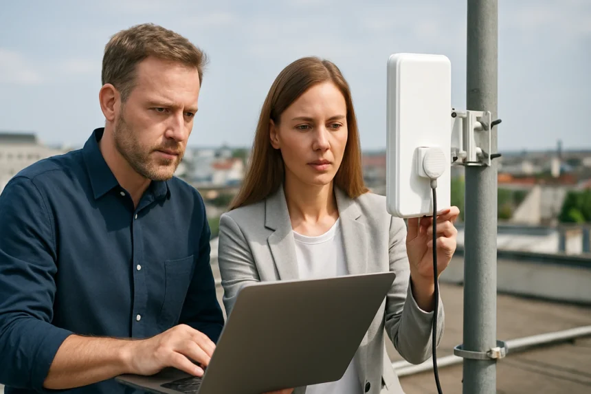 Két szakember vezeték nélküli gerinchálózat telepítése közben.