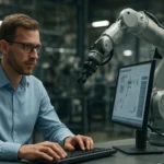 Automatizációs mérnök munkáját végző szakember robotkar előtt.