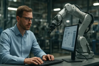 Automatizációs mérnök munkáját végző szakember robotkar előtt.