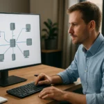 Férfi számítógépet használ hálózati diagram megjelenítésével.