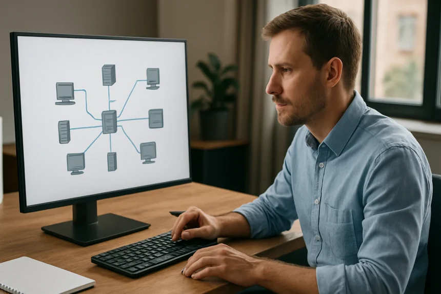 Férfi számítógépet használ hálózati diagram megjelenítésével.