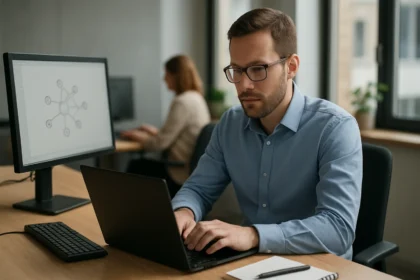 Férfi az irodában, NHRP és hálózati protokoll témájában dolgozik