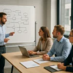 Agilis csapat megbeszélése a SAFe keretrendszer skálázásáról IT projektekben.