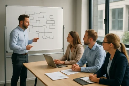 Agilis csapat megbeszélése a SAFe keretrendszer skálázásáról IT projektekben.