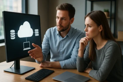 Két szakember cloud hoszting megoldásokat tárgyal egy számítógép előtt.