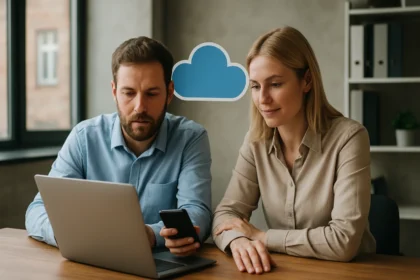 Két személy felhőtárhely megoldásokkal dolgozik egy laptop előtt.