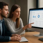 Két ember a Partnerportal webes alkalmazás adatain dolgozik.