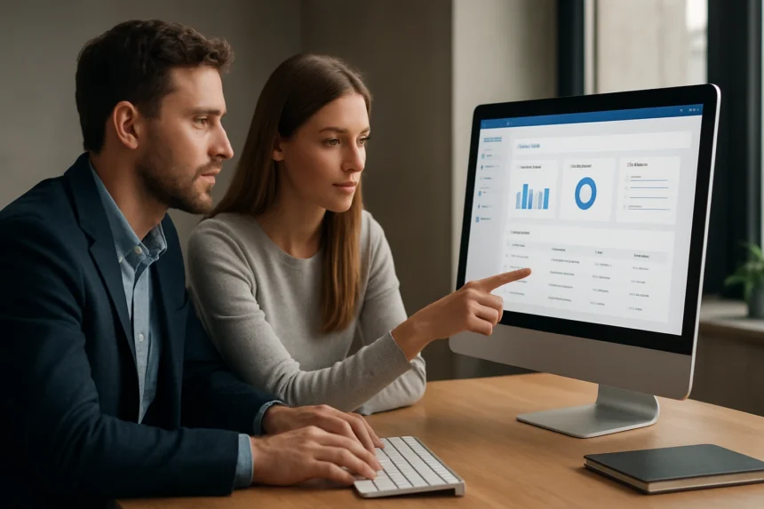 Két ember a Partnerportal webes alkalmazás adatain dolgozik.