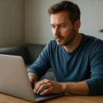 Férfi laptopot használ otthoni környezetben, közelről.