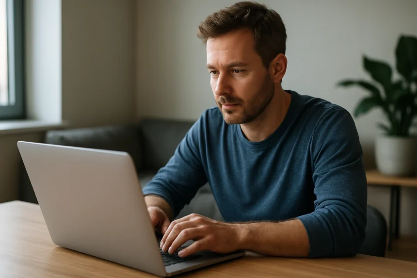 Férfi laptopot használ otthoni környezetben, közelről.