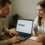 Két ember dolgozik egy laptop előtt, a képernyőn a 'Prompt' felirat látható.