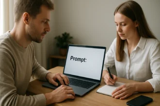 Két ember dolgozik egy laptop előtt, a képernyőn a 'Prompt' felirat látható.