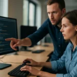 Két programozó regressziós tesztelést végez egy számítógép képernyőjén.