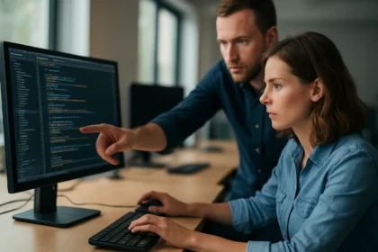 Két programozó regressziós tesztelést végez egy számítógép képernyőjén.