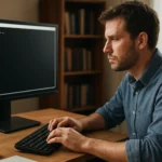 Férfi, aki a Parancssort használja számítógépén a munkahelyén.