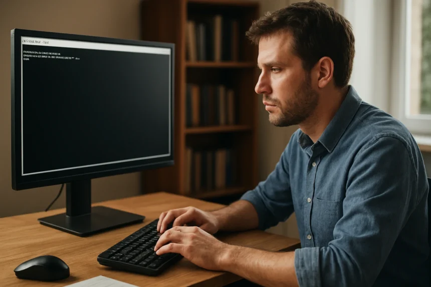 Férfi, aki a Parancssort használja számítógépén a munkahelyén.