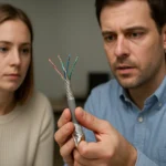 Férfi és nő az STP kábel részleteit vizsgálja.
