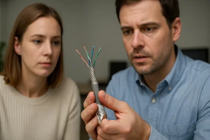 Férfi és nő az STP kábel részleteit vizsgálja.