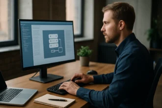 A férfi VMware vSphere virtualizációs platform használatát elemzi.