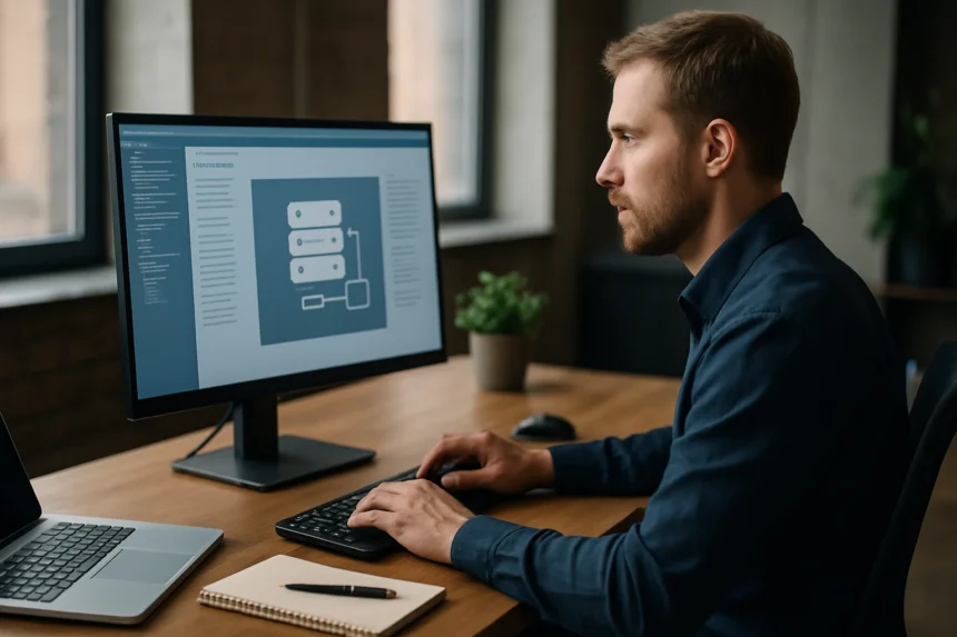 A férfi VMware vSphere virtualizációs platform használatát elemzi.