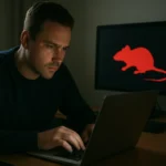 Férfi laptop előtt, háttérben vörös patkány szimbólummal, kiberbiztonság.