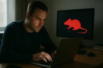 Férfi laptop előtt, háttérben vörös patkány szimbólummal, kiberbiztonság.