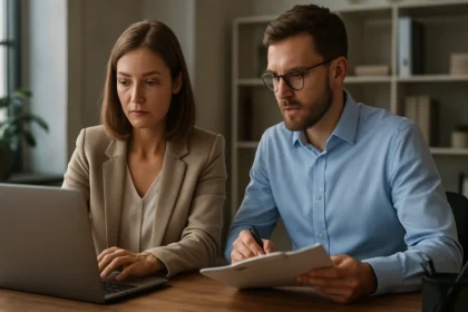 Két ember dolgozik HR rendszeren a munkahelyen.