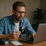 Férfi floppydisket tart a laptop előtt, fájlrendszert kutatva.