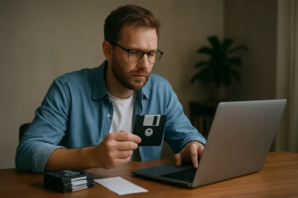 Férfi floppydisket tart a laptop előtt, fájlrendszert kutatva.