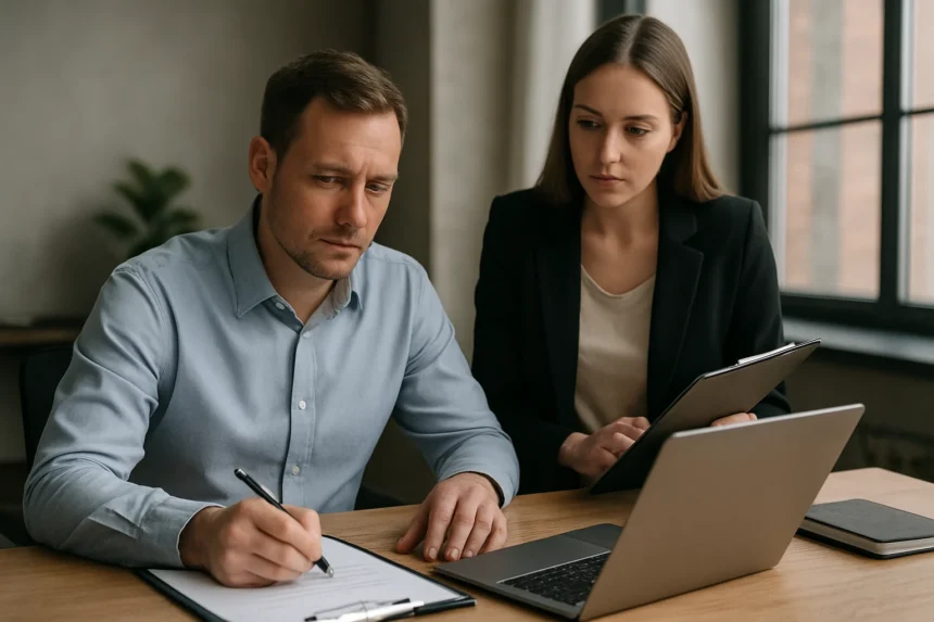 Két ember dolgozik projektmenedzsment feladatokon egy irodában.