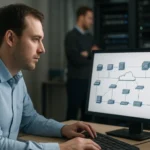 Férfi figyel a képernyőn lévő hálózati architektúrára