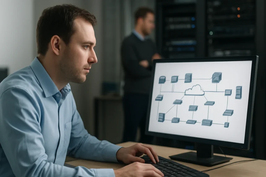 Férfi figyel a képernyőn lévő hálózati architektúrára